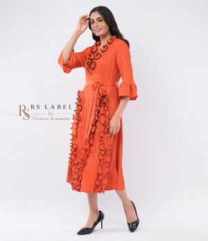 Orange Ruffle Trim Wrap Dress