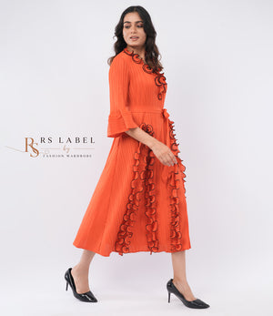 Orange Pleated Dress with Ruffle Trim