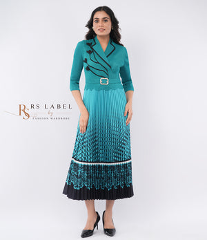Teal Blazer-Style Pleated Ombre Maxi Dress