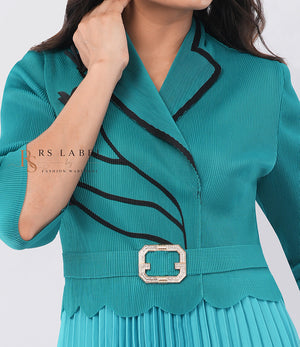 Teal Pleated Ombre Dress with Belt