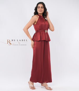 Wine Halter Peplum Top & Pants Co-ord Set
