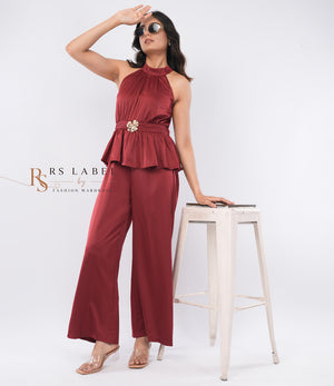 Wine Halter Peplum Top & Pants Co-ord Set