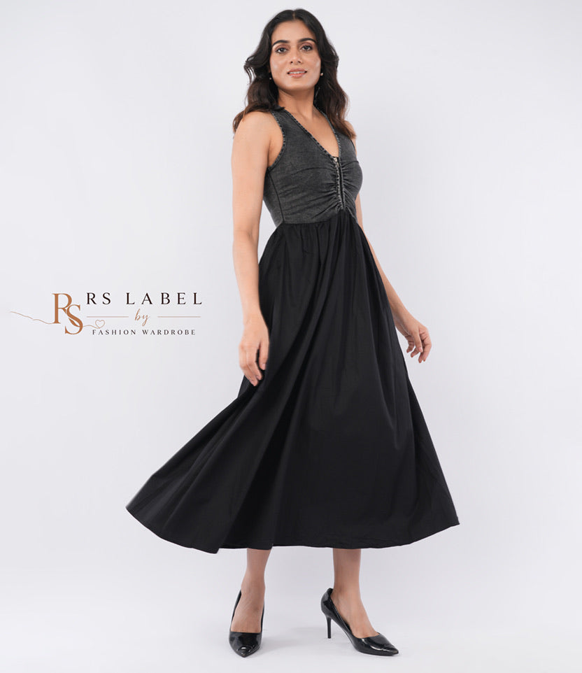 Black Denim Bodice Halter Fit & Flare Dress
