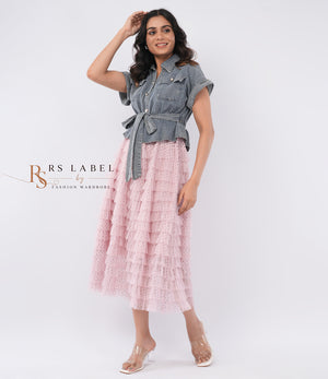 Grey Denim Tie-Waist Top & Pink Tulle Skirt Set