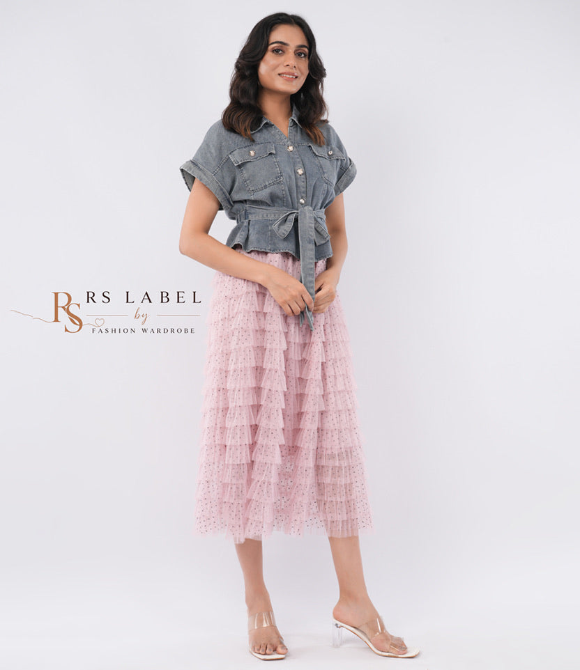 Grey Denim Tie-Waist Top & Pink Tulle Skirt Set (Batch 2)
