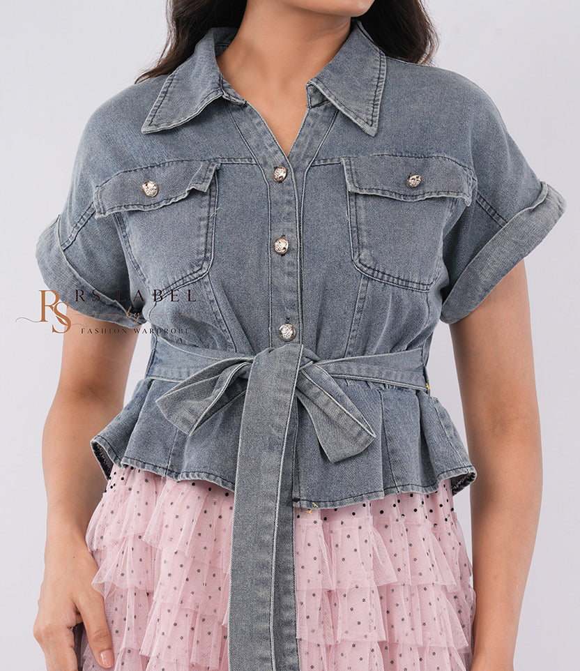 Grey Denim Peplum Top & Pink Tiered Tulle Skirt Set