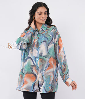 Multicolor Marble Print Shirt with Rhinestone Beads - front view