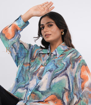 Multicolor Abstract Marble Print Embellished Shirt