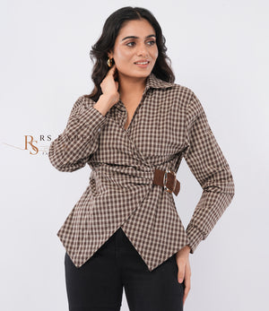 Brown Checkered Wrap Shirt with Belt