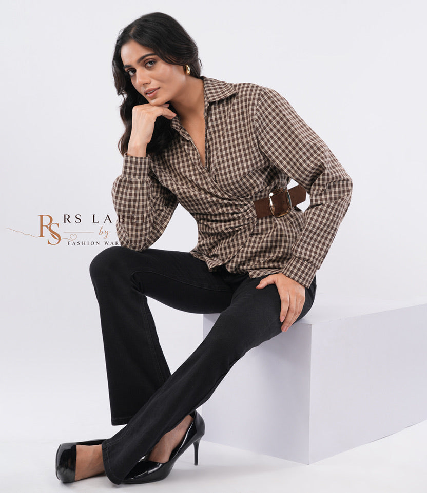 Brown Checkered Wrap Shirt with Belt