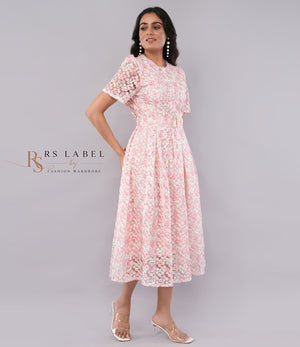 Pink Floral Lace Belted Midi Dress - side view