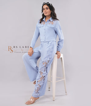 Light Blue Lace-Yoke Cropped Jacket & Pants Co-ord Set - front view