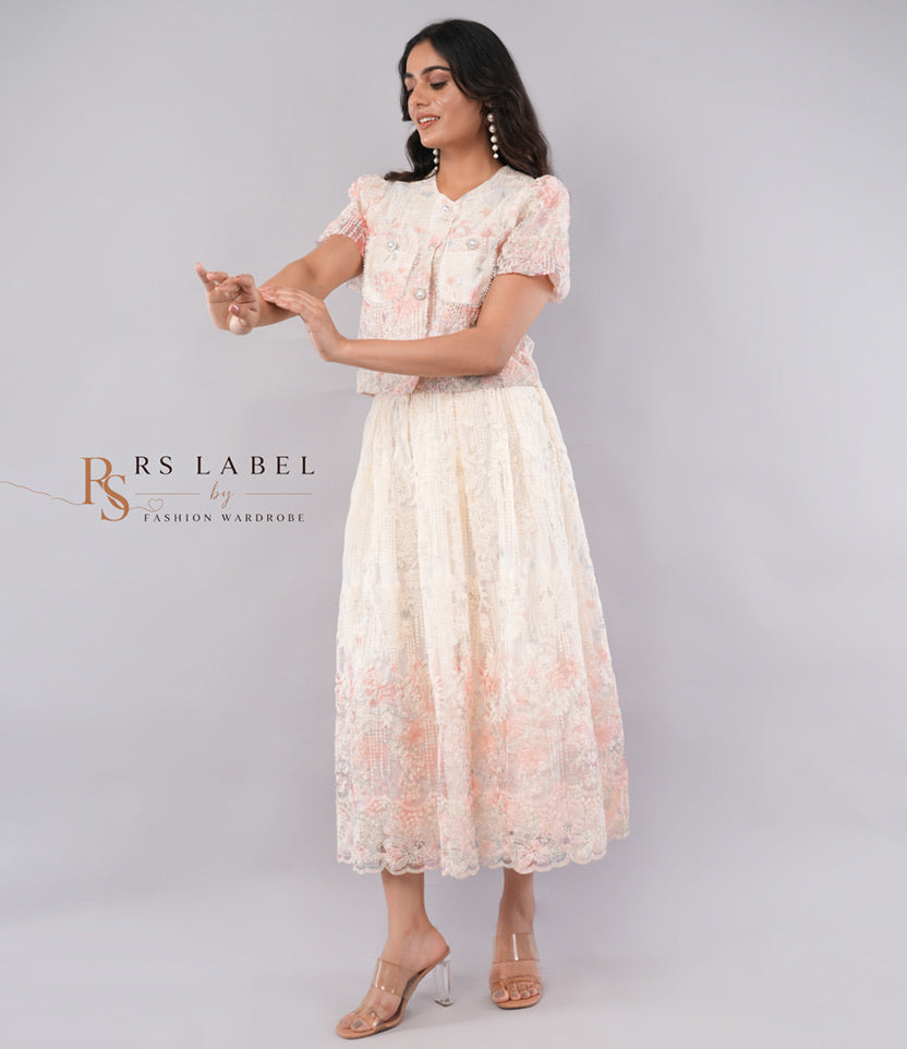 Ivory Floral Lace Peplum Top & Skirt Set