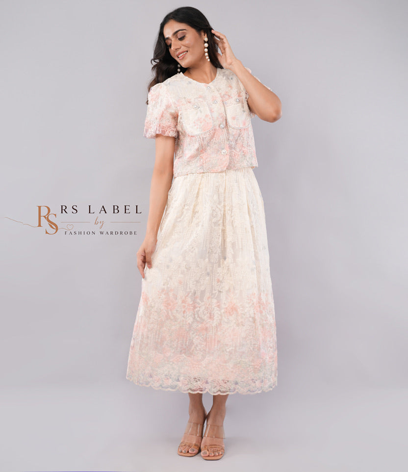 Ivory Floral Lace Peplum Jacket & Skirt Co-ord Set
