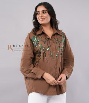 Brown Sequin Floral Embroidered Shirt - close-up detail