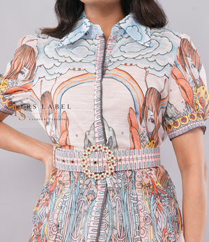 Multicolor Whimsical Print Shirt & Skirt Set