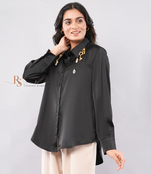Black Satin Shirt with Gold Key Charm Detail - front view