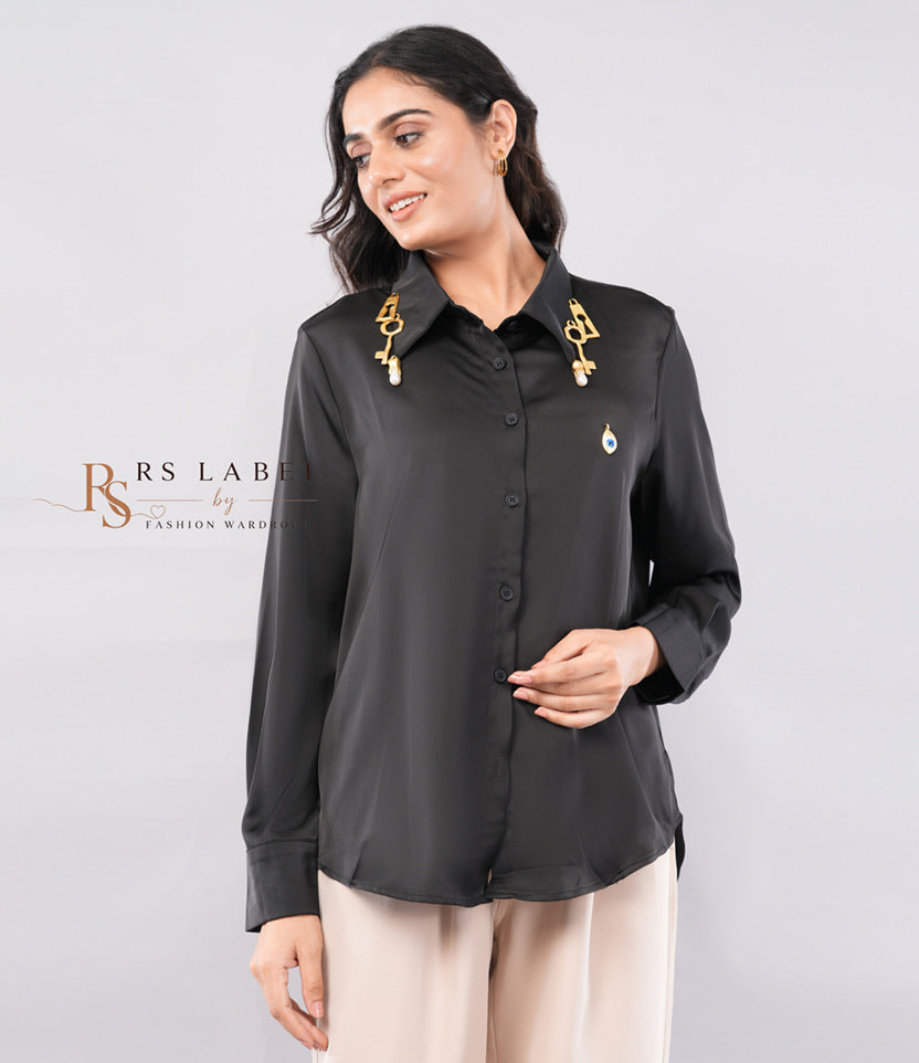 Black Satin Shirt with Gold Key Charm Detail - styled view