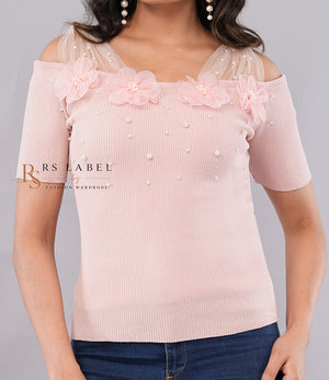 Pink Ribbed Off-Shoulder Floral Applique Top