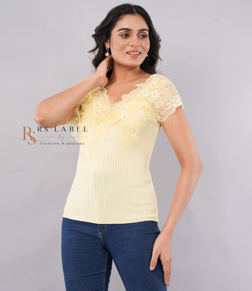 Yellow Lace Floral Applique Ribbed Top