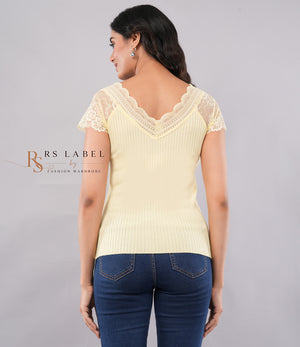 Pale Yellow Lace Flower Applique Top - back view