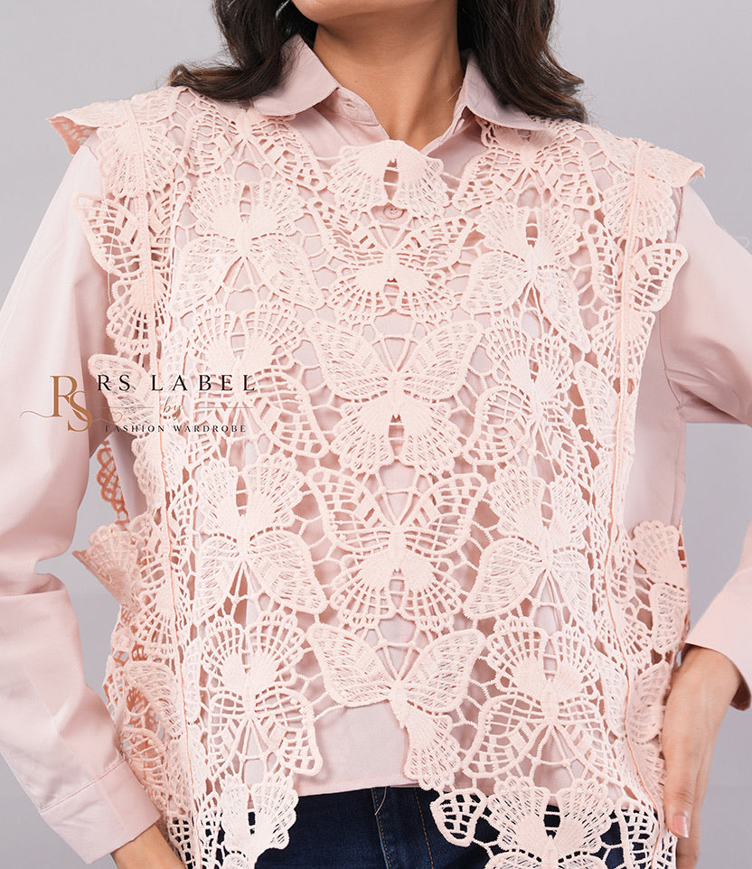Blush Pink Crochet Lace Blouse – Long Sleeve
