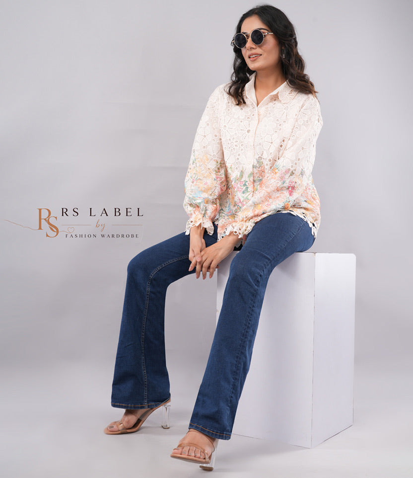 Ivory Floral Lace Shirt with Pastel Hem