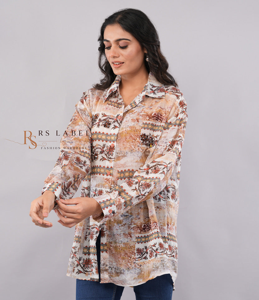 Multicolor Patchwork Floral Print Tie-Front Shirt