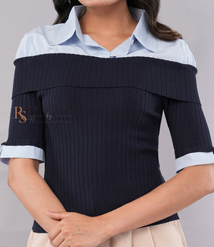 Navy Ribbed Top with Blue Shirt Collar