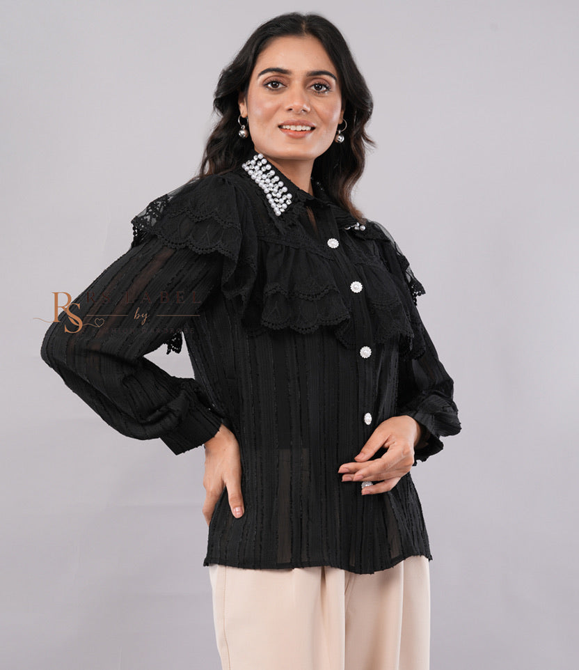 Black Pearl Collar Lace Ruffle Blouse (Batch 2)