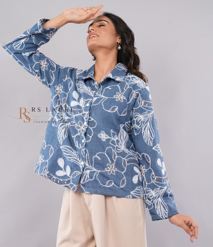 Blue Floral Embroidered Denim Shirt (Batch 2)