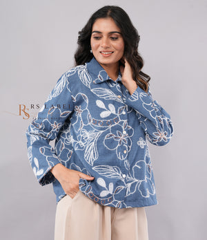 Blue Floral Sequin Embroidered Denim Shirt