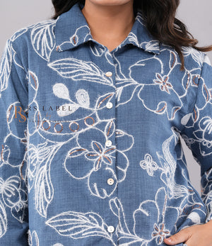 Blue Floral Sequin Embroidered Denim Shirt