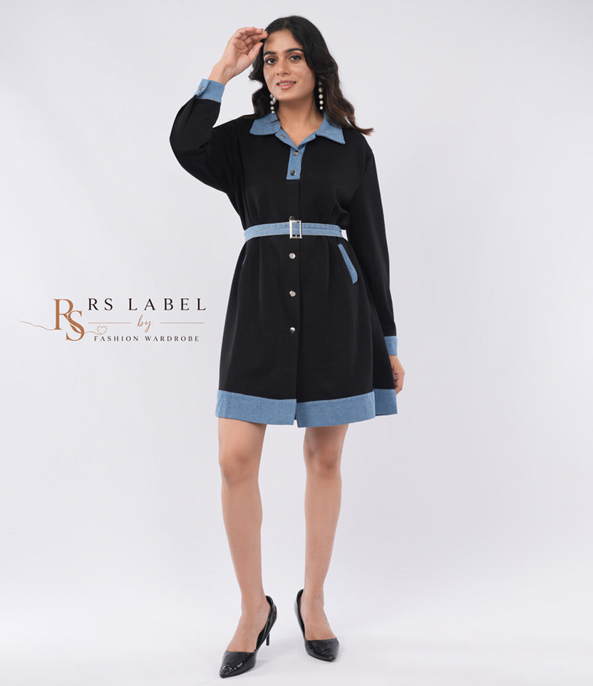 Black Dress with Denim Collar & Trim - front view