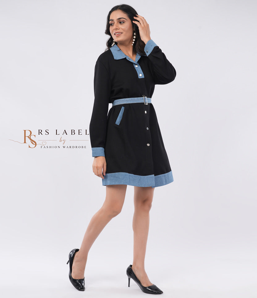 Black Dress with Denim Collar & Trim - side view