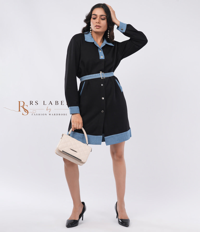 Black Dress with Denim Collar & Trim