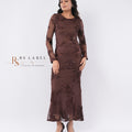 Brown Floral Mesh Long-Sleeve Maxi Dress