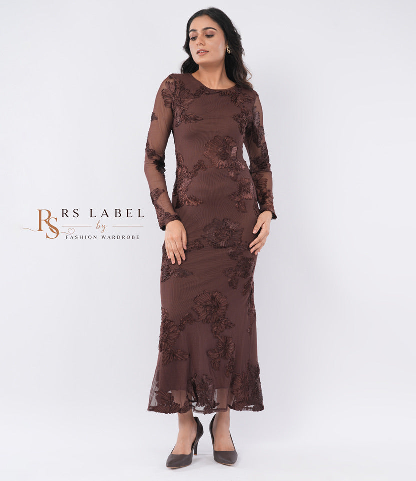 Brown Floral Mesh Long-Sleeve Maxi Dress