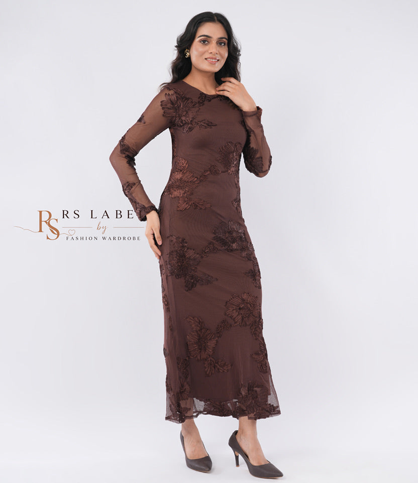 Brown Floral Mesh Long-Sleeve Maxi Dress
