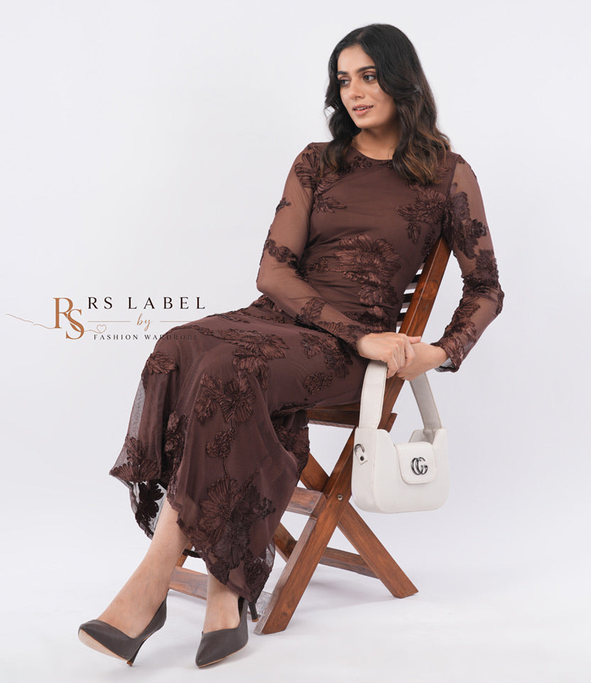 Brown Floral Lace Mesh Dress