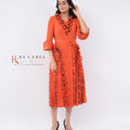 Orange Ruffle-Trim Pleated Midi Dress