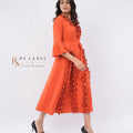 Orange Pleated Dress with Ruffle Trim