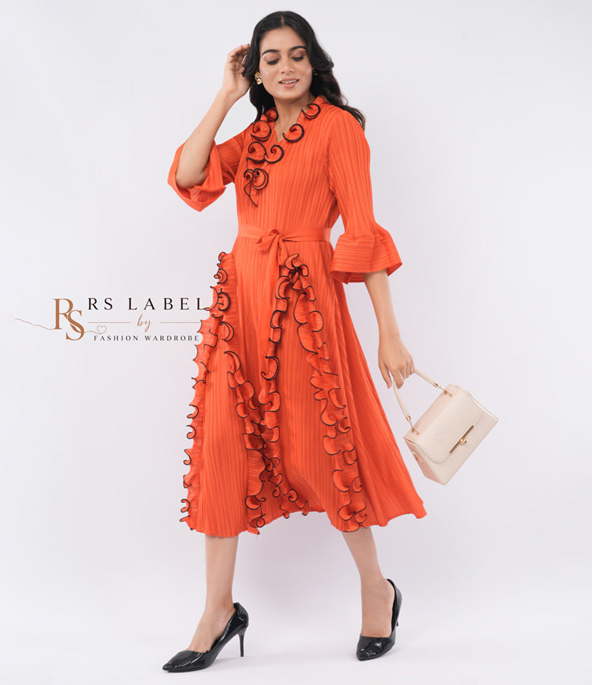 Orange Ruffle Trim Wrap Dress