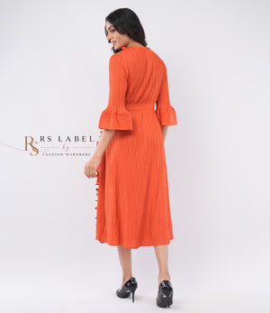 Orange Pleated Dress with Ruffle Trim