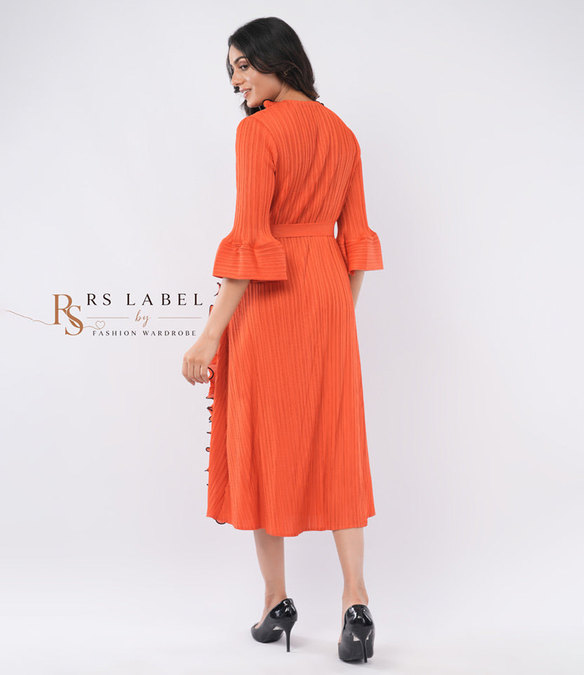 Orange Pleated Dress with Ruffle Trim