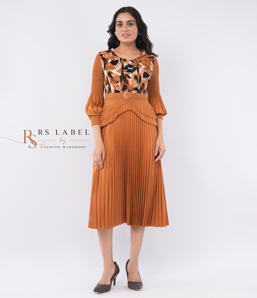 Rust Floral Top & Pleated Skirt Set - front view