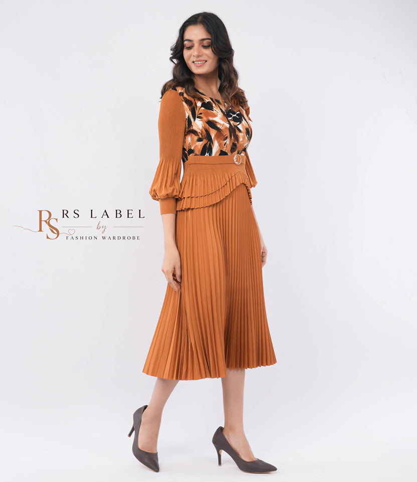 Rust Floral Top & Pleated Skirt Set - side view