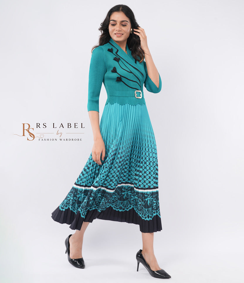 Teal Blazer-Style Pleated Ombre Maxi Dress (Batch 2)