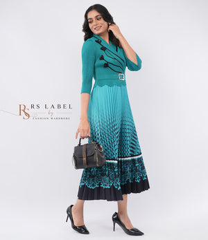 Teal Pleated Ombre Dress with Belt