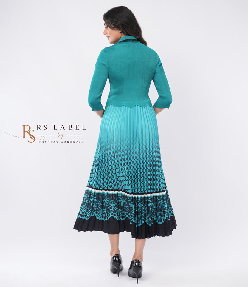 Teal Blazer-Style Pleated Ombre Maxi Dress